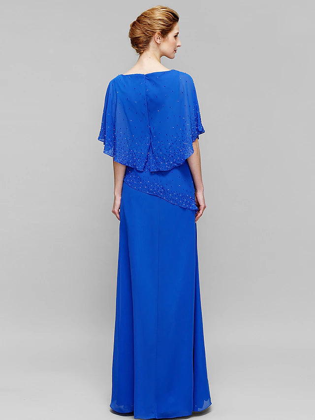 Sheath / Column Mother of the Bride Dress Elegant Bateau Neck Floor Length Chiffon Sleeveless