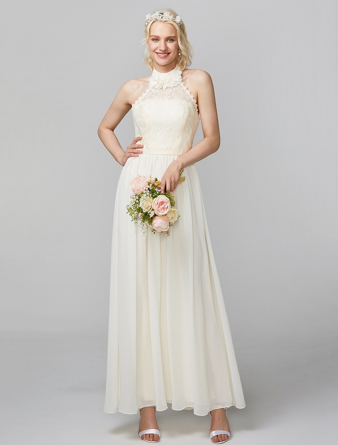 Sheath / Column High Neck Floor Length Chiffon / Lace Bodice Bridesmaid Dress with Sash / Ribbon