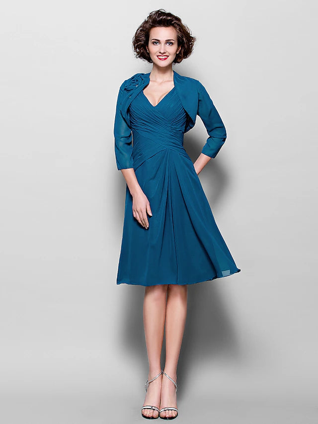 A-Line Mother of the Bride Dress Wrap Included V Neck Knee Length Chiffon 3/4 Length Sleeve with Criss Cross Side Draping