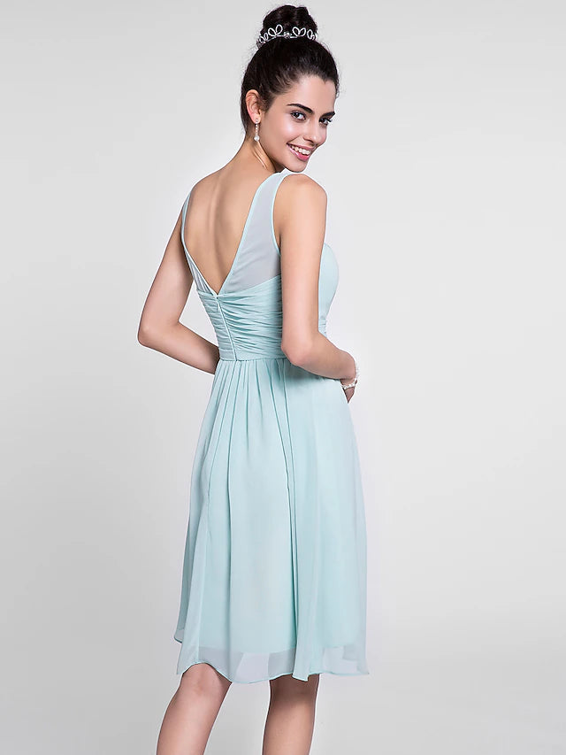 A-Line Bridesmaid Dress Scoop Neck Sleeveless Knee Length Chiffon with Ruched / Draping A-Line Bridesmaid Dress Scoop Neck Sleeveless Knee Length Chiffon with Ruched Pure Color