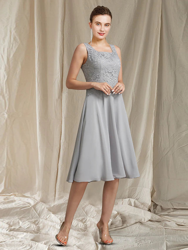 Two Piece A-Line Mother of the Bride Dress Church Elegant Jewel Neck Knee Length Chiffon Lace Sleeveless Wrap Included