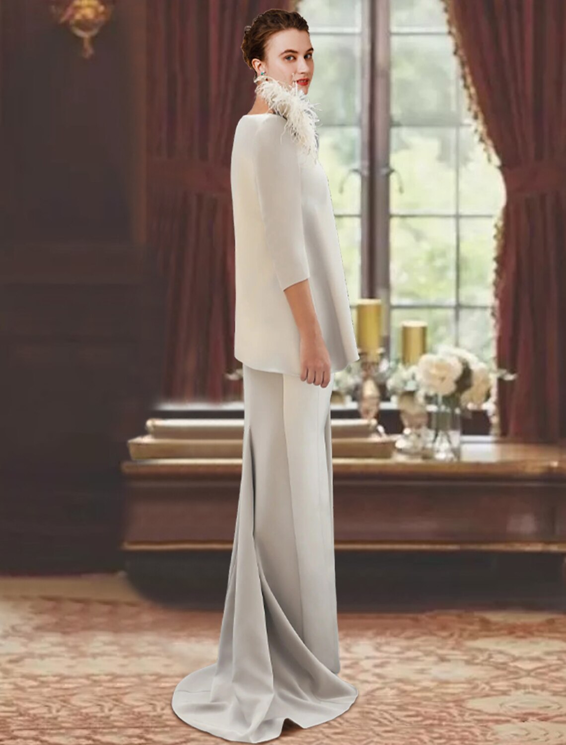 Sheath / Column Mother of the Bride Dress Formal Wedding Guest Elegant Scoop Neck Sweep / Brush Train Stretch Fabric 3/4 Length Sleeve