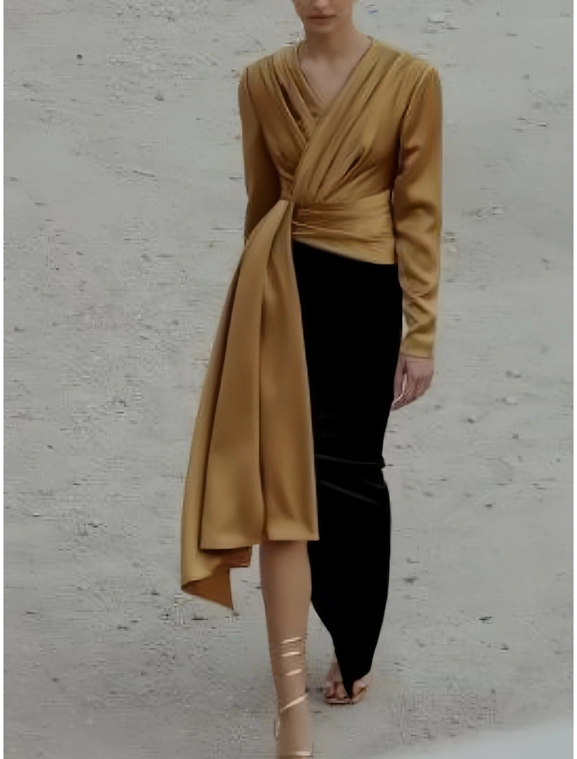 A-Line Evening Black Dress Christmas Elegant Dress Formal Ankle Length Long Sleeve V Neck Satin with Ruched