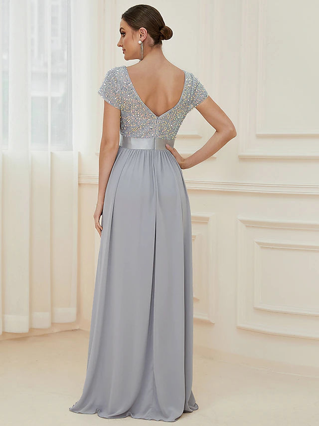 A-Line Bridesmaid Dress V Neck Short Sleeve Elegant Floor Length Chiffon