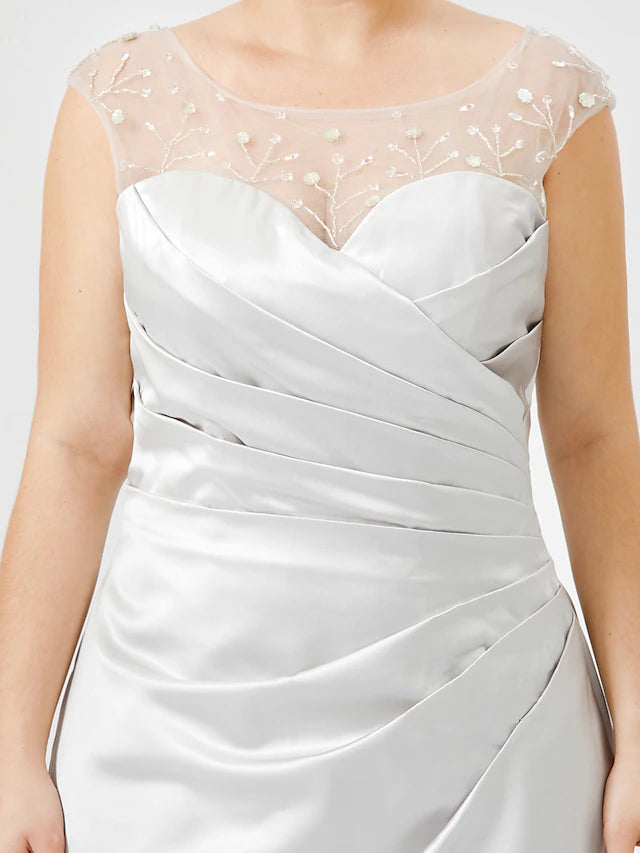 Sheath / Column Mother of the Bride Dress Classic & Timeless Elegant & Luxurious Plus Size Jewel Neck Floor Length Satin Sleeveless No with Pleats