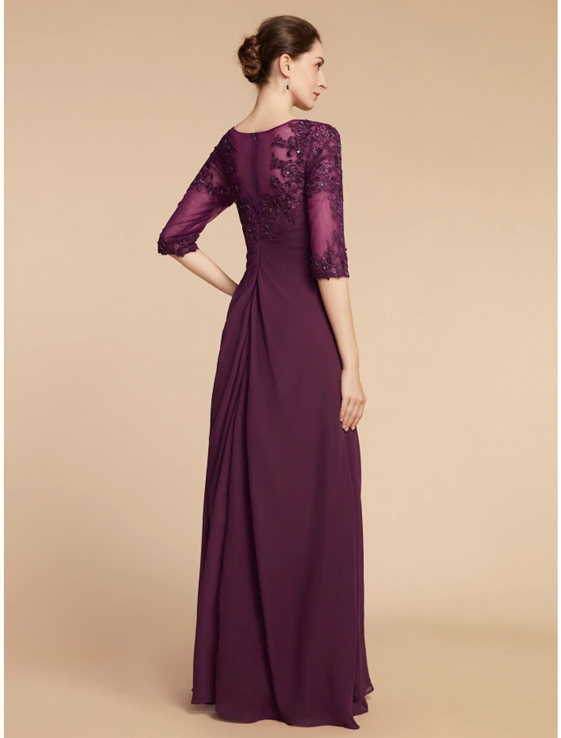 Sheath / Column Mother of the Bride Dress Wedding Guest Elegant Scoop Neck Floor Length Chiffon Lace Half Sleeve with Pleats