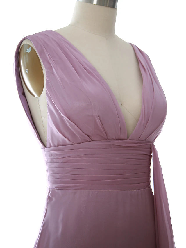 A-Line Wedding Guest Dresses Elegant Dress Party Wear Floor Length Sleeveless V Neck Chiffon