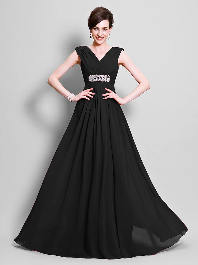 A-Line Mother of the Bride Dress Open Back V Neck Floor Length Chiffon Sleeveless with Beading Side