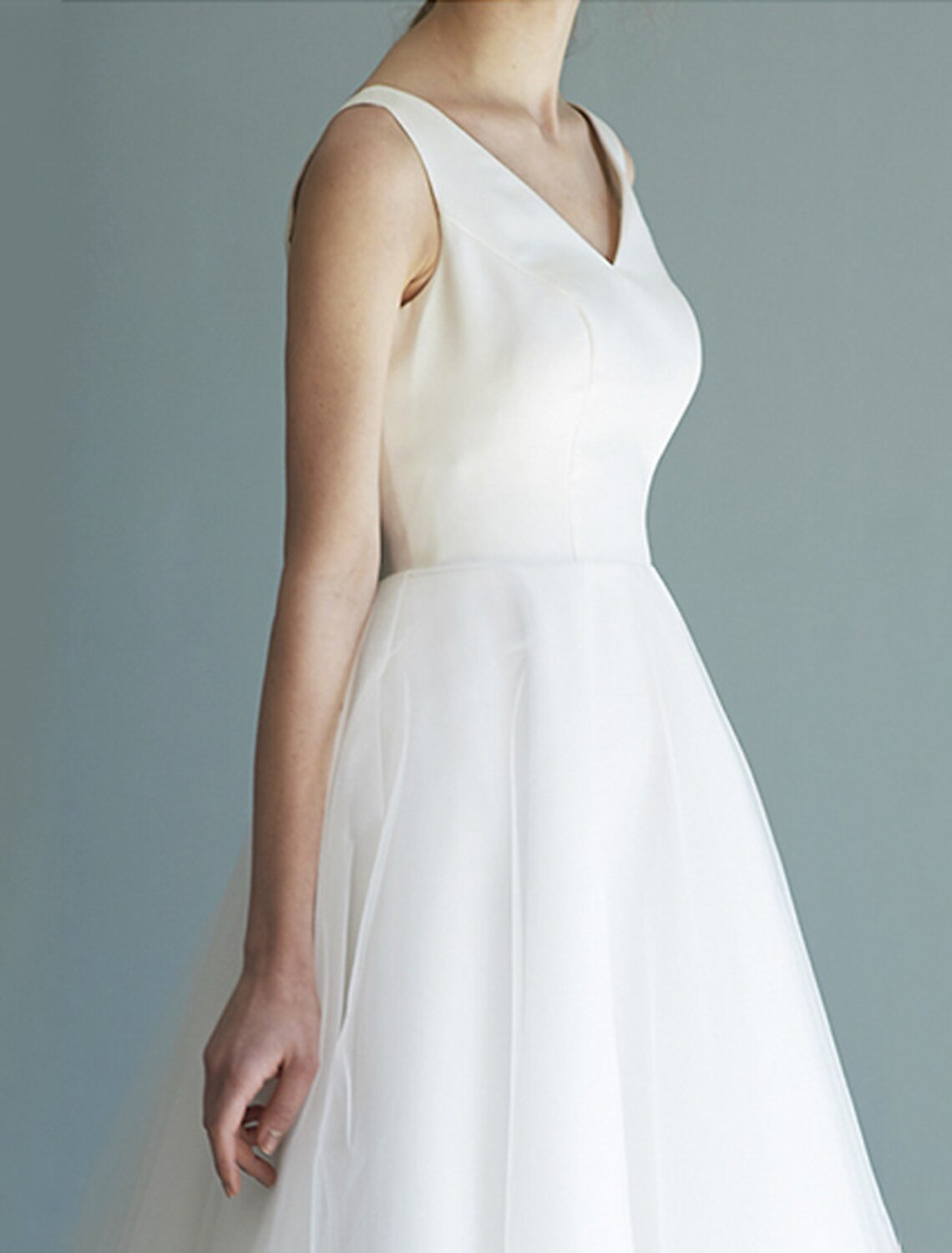 Reception Little White Dresses Wedding Dresses A-Line V Neck Sleeveless Tea Length Satin Bridal Gowns