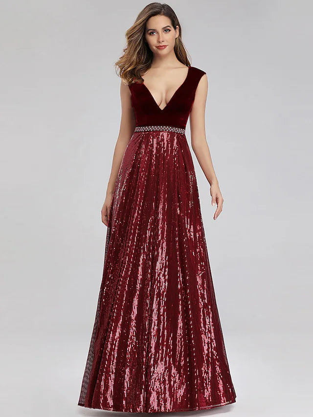 A-Line Prom Dresses Elegant Dress Prom Floor Length Sleeveless Plunging Neck Sequined with Sash