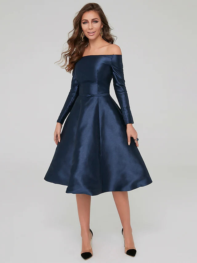 A-Line Special Occasion Dresses Party Dress Wedding Guest Knee Length Long Sleeve Off Shoulder Satin