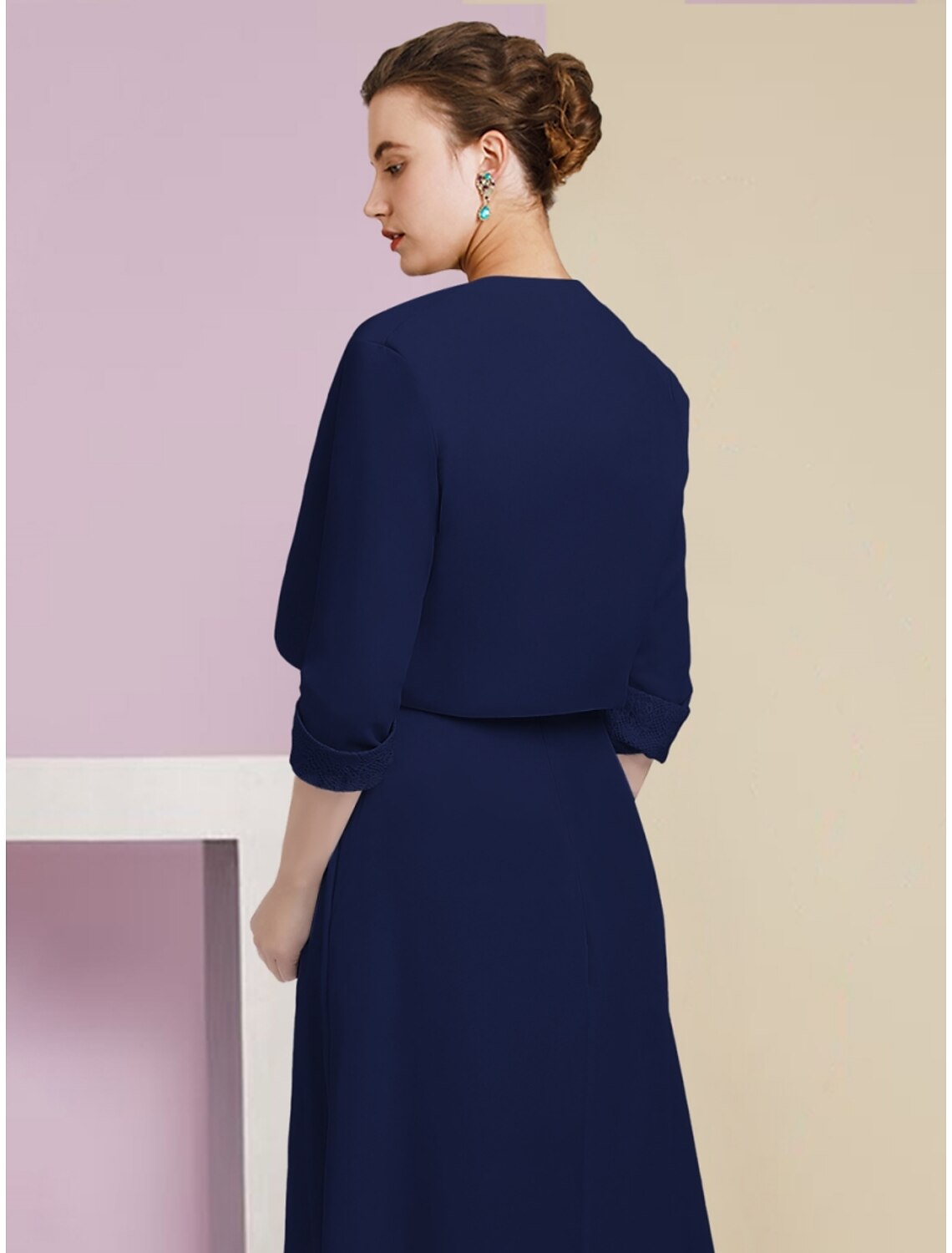 A-Line Mother of the Bride Dress Wedding Guest Elegant Scoop Neck Ankle Length Stretch Chiffon Half Sleeve with Crystals