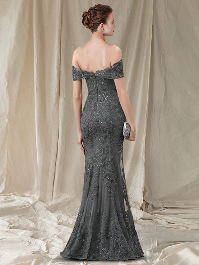Sheath / Column Mother of the Bride Dress Elegant Off Shoulder Floor Length Lace Tulle Sequined Sleeveless with Pleats