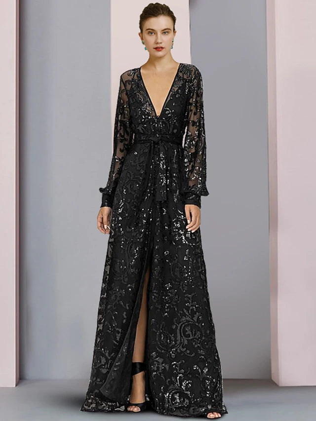 A-Line Mother of the Bride Dress Wedding Guest Elegant Sparkle & Shine V Neck Floor Length Lace Sequined Sleeve with Sequin Appliques Split Front