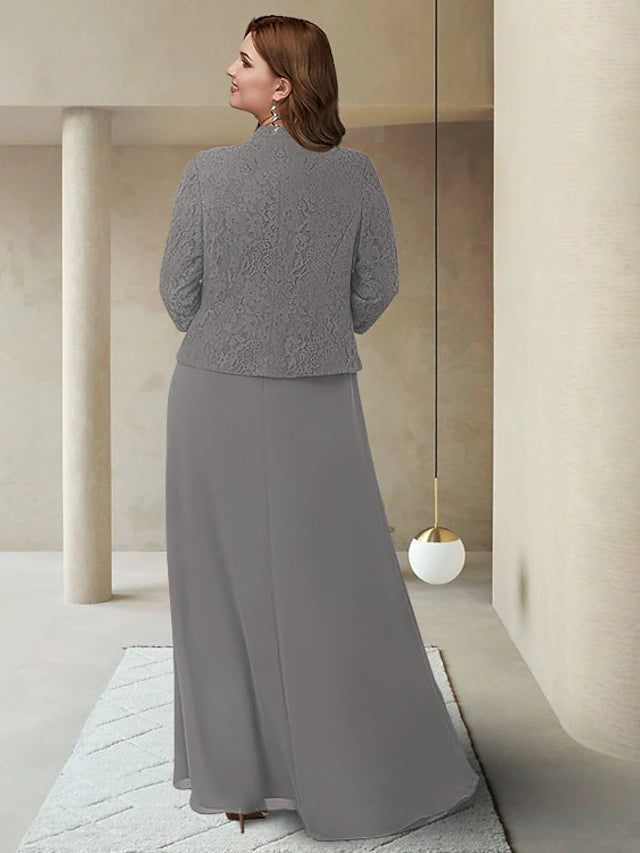 Two Piece Sheath / Column Mother of the Bride Dress Plus Size Elegant Jewel Neck Ankle Length Chiffon Lace 3/4 Length Sleeve Wrap Included