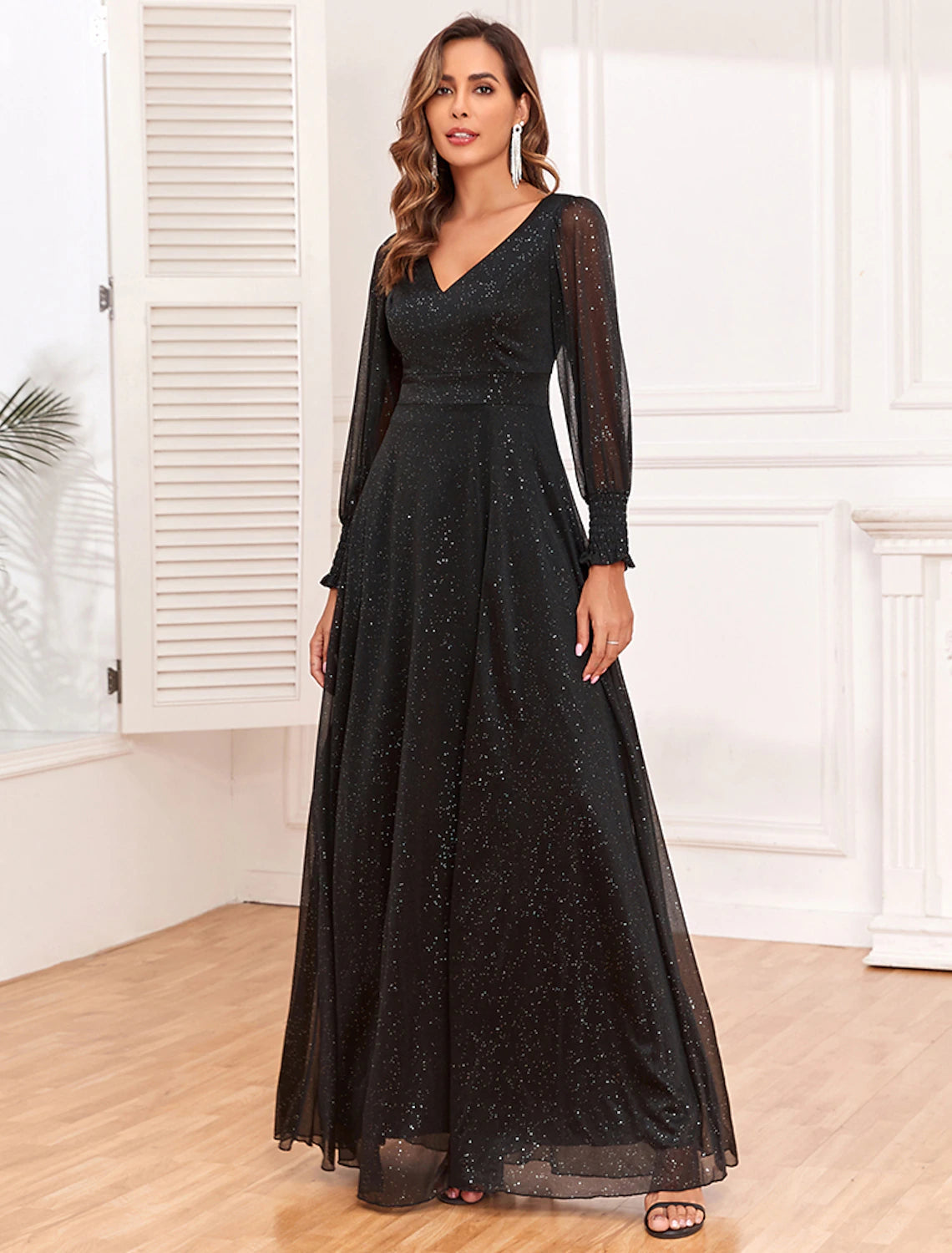 A-Line Evening Gown Empire Black Dress Party Gothic Tulle Dress Floor Length Long Sleeve V Neck V Back