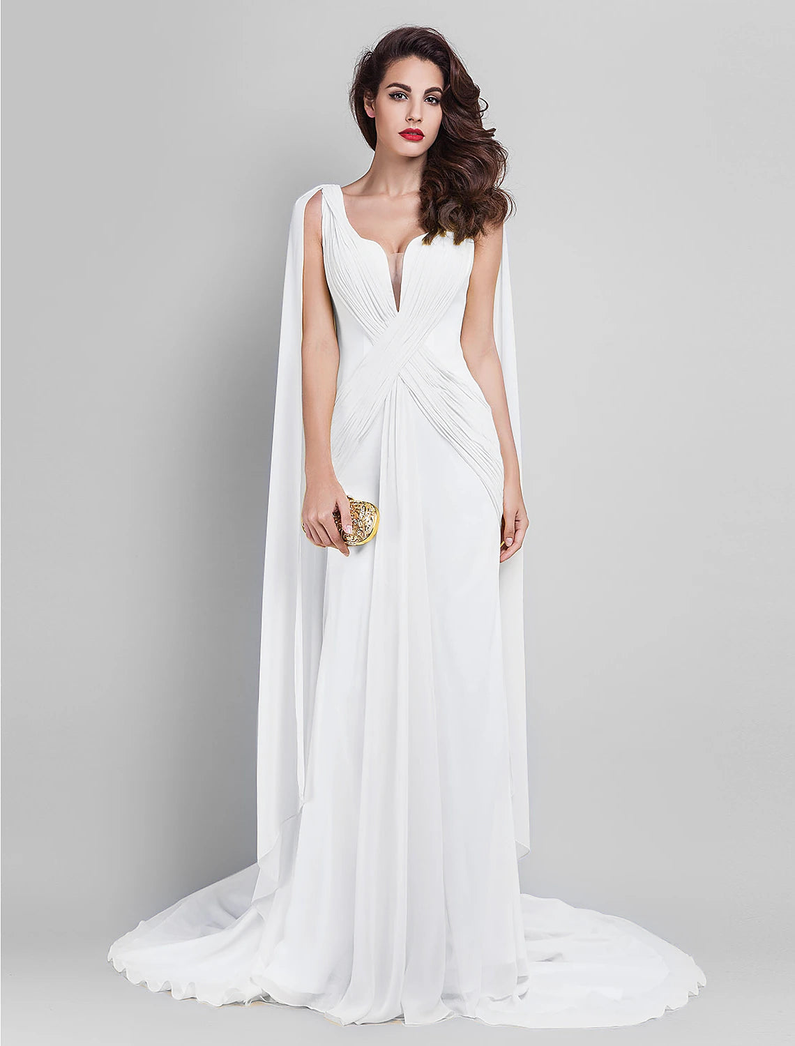 Sheath / Column Elegant Dress Wedding Guest Prom Court Train Sleeveless Plunging Neck Georgette V Back with Criss Cross Side