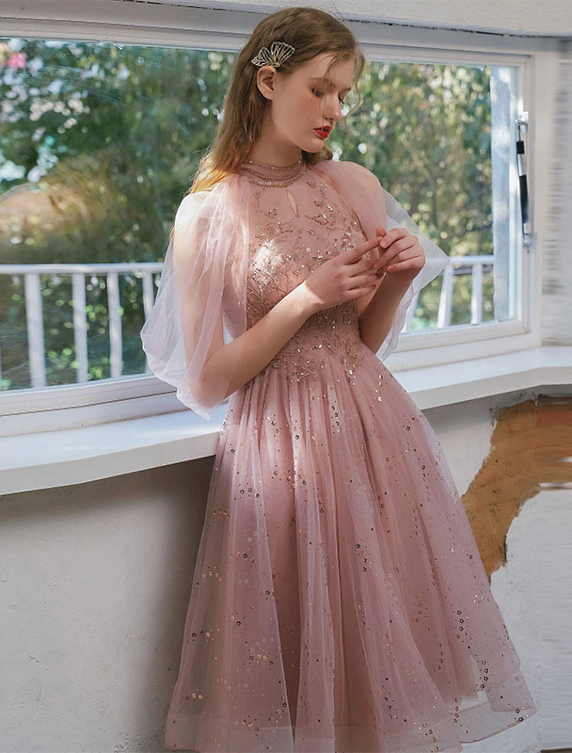 A-Line Cocktail Dresses Party Dress Graduation Engagement Knee Length 3/4 Length Sleeve Jewel Neck Tulle with Sequin