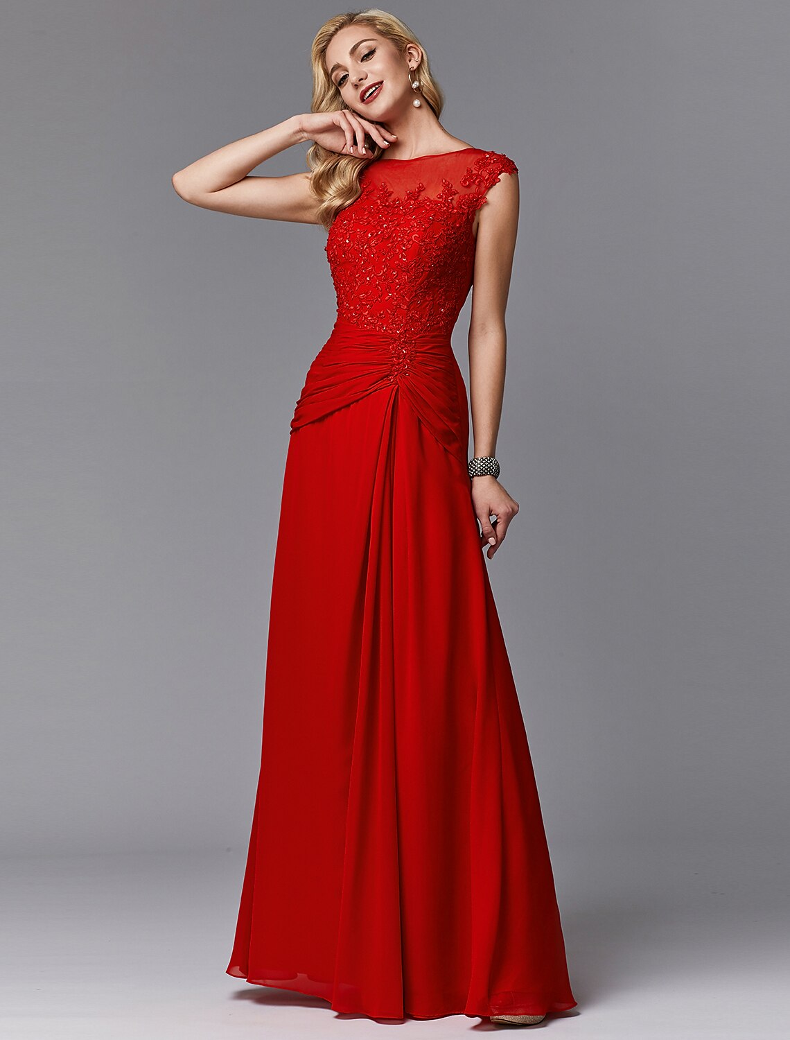Sheath / Column Mother of the Bride Dress Chinese Style See Through Illusion Detail Boat Neck Floor Length Chiffon Lace Sleeveless with Pleats Beading