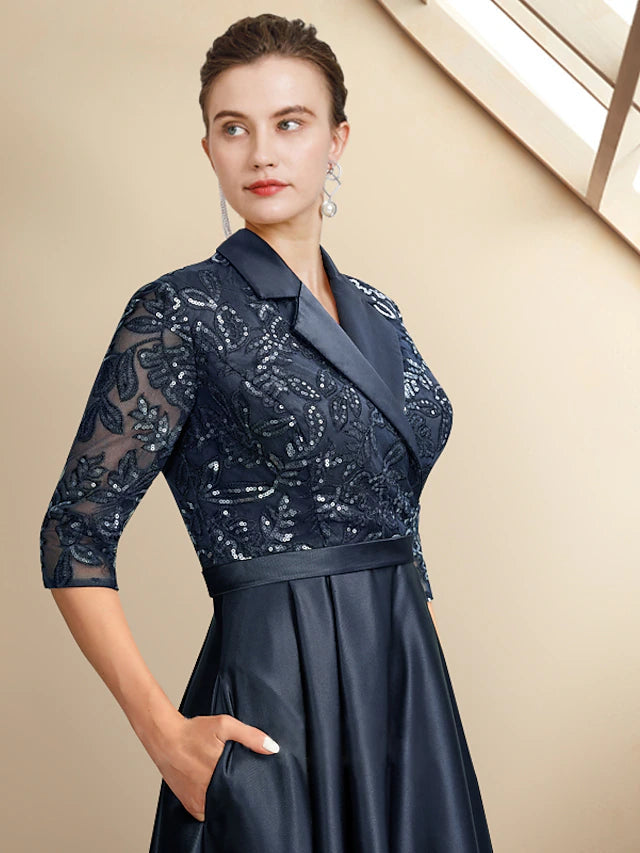 A-Line Mother of the Bride Dress Plus Size Elegant High Low Shirt Collar Asymmetrical Tea Length Satin Lace Half Sleeve with Pleats Sequin