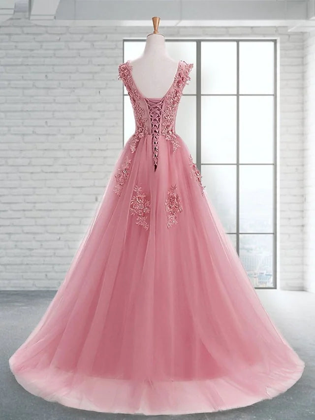 A-Line Prom Dresses Elegant Dress Wedding Guest Sweep / Brush Train Sleeveless Jewel Neck Tulle