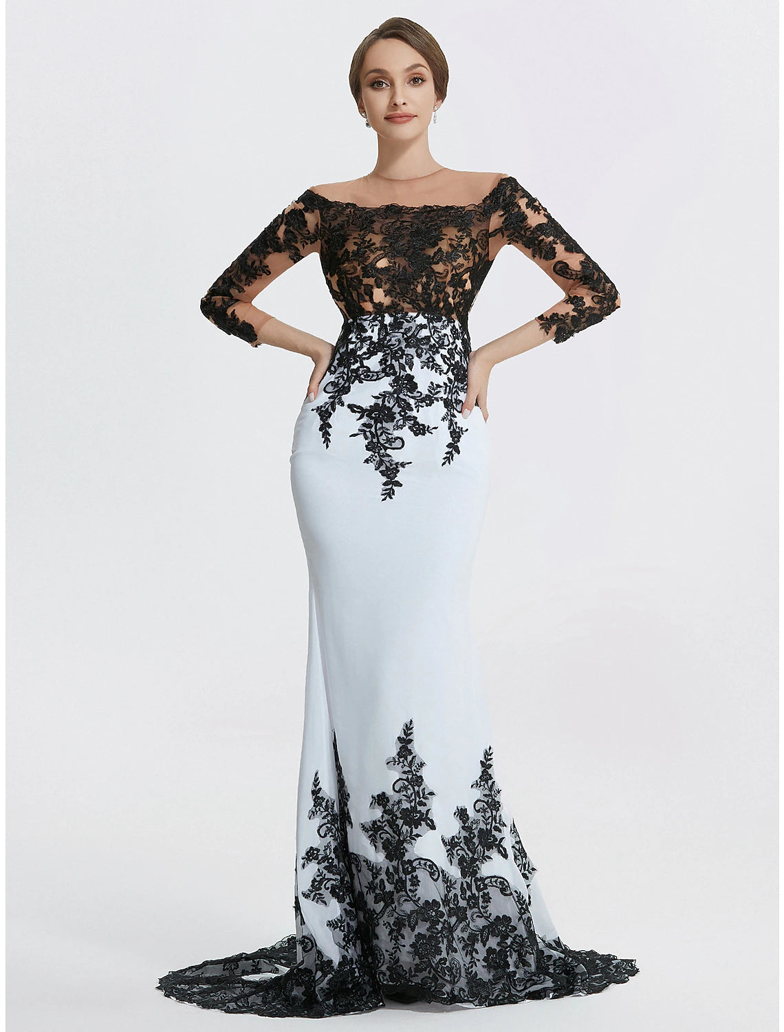 Mermaid Evening Gown Elegant Black Dress Masquerade Black Tie Colorblock Sweep / Brush Train Long Sleeve Jewel Neck Chiffon