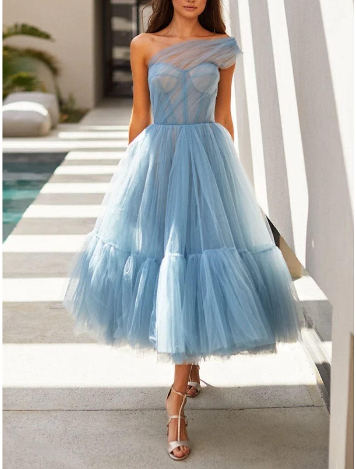 A-Line Prom Dresses Elegant Dress Formal Tea Length Sleeveless One Shoulder Tulle
