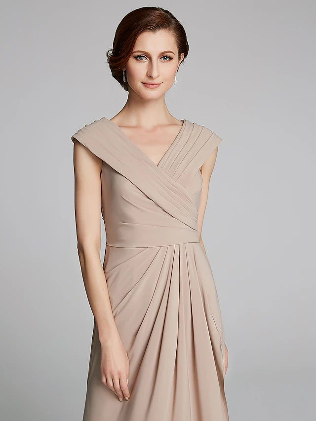 Sheath / Column Mother of the Bride Dress Elegant V Neck Floor Length Jersey Short Sleeve