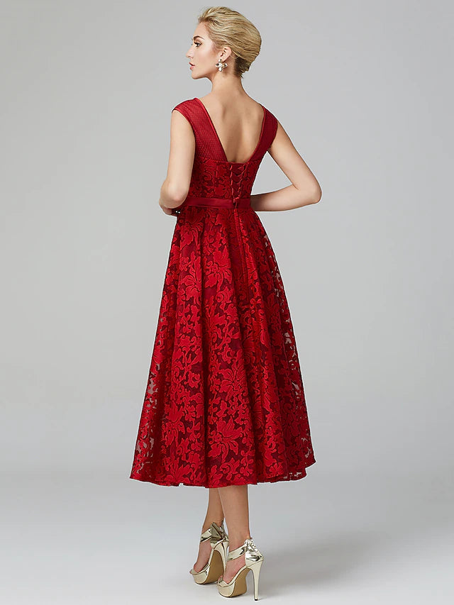A-Line Elegant Dress Cocktail Party Tea Length Sleeveless Illusion Neck All Over Floral Lace