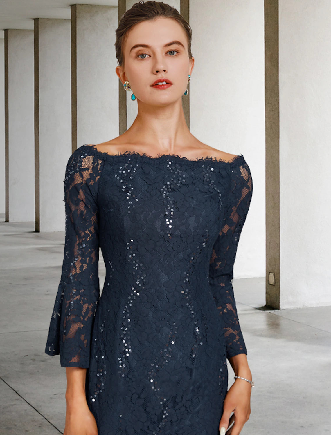 Sheath / Column Mother of the Bride Dress Wedding Guest Vintage Elegant Jewel Neck Tea Length Lace 3/4 Length Sleeve with Sequin