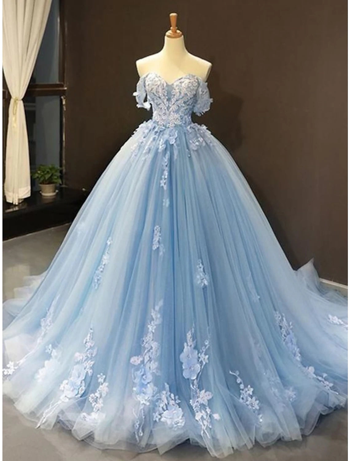 Charming Ball Gown Prom Dresses Floral Wedding Dress Court Train Off Shoulder Sweetheart Lace with Pleats
