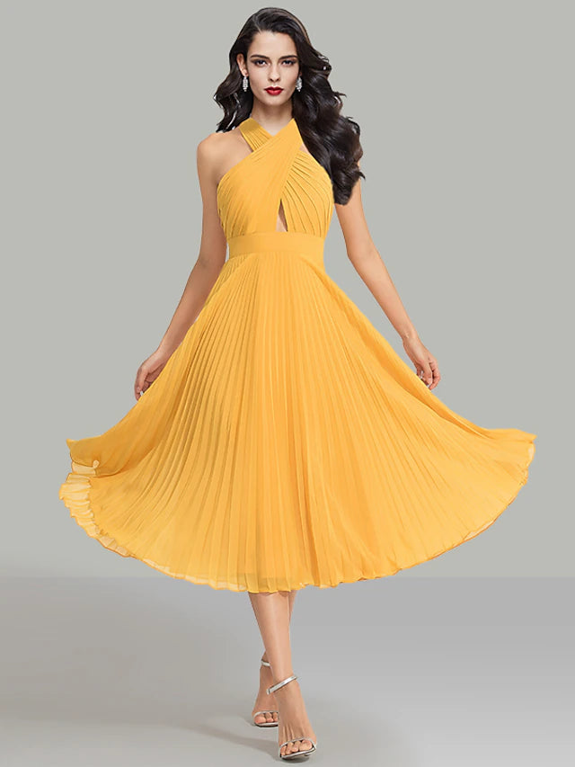 A-Line Wedding Guest Dresses Elegant Dress Cocktail Party Tea Length Sleeveless Halter Chiffon