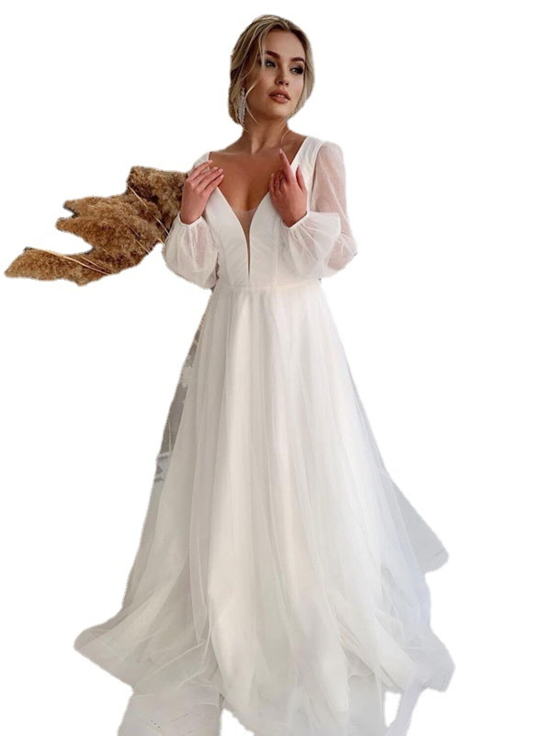 Reception Casual Fall Wedding Dresses A-Line V Neck Long Sleeve Floor Length Tulle Bridal Gowns