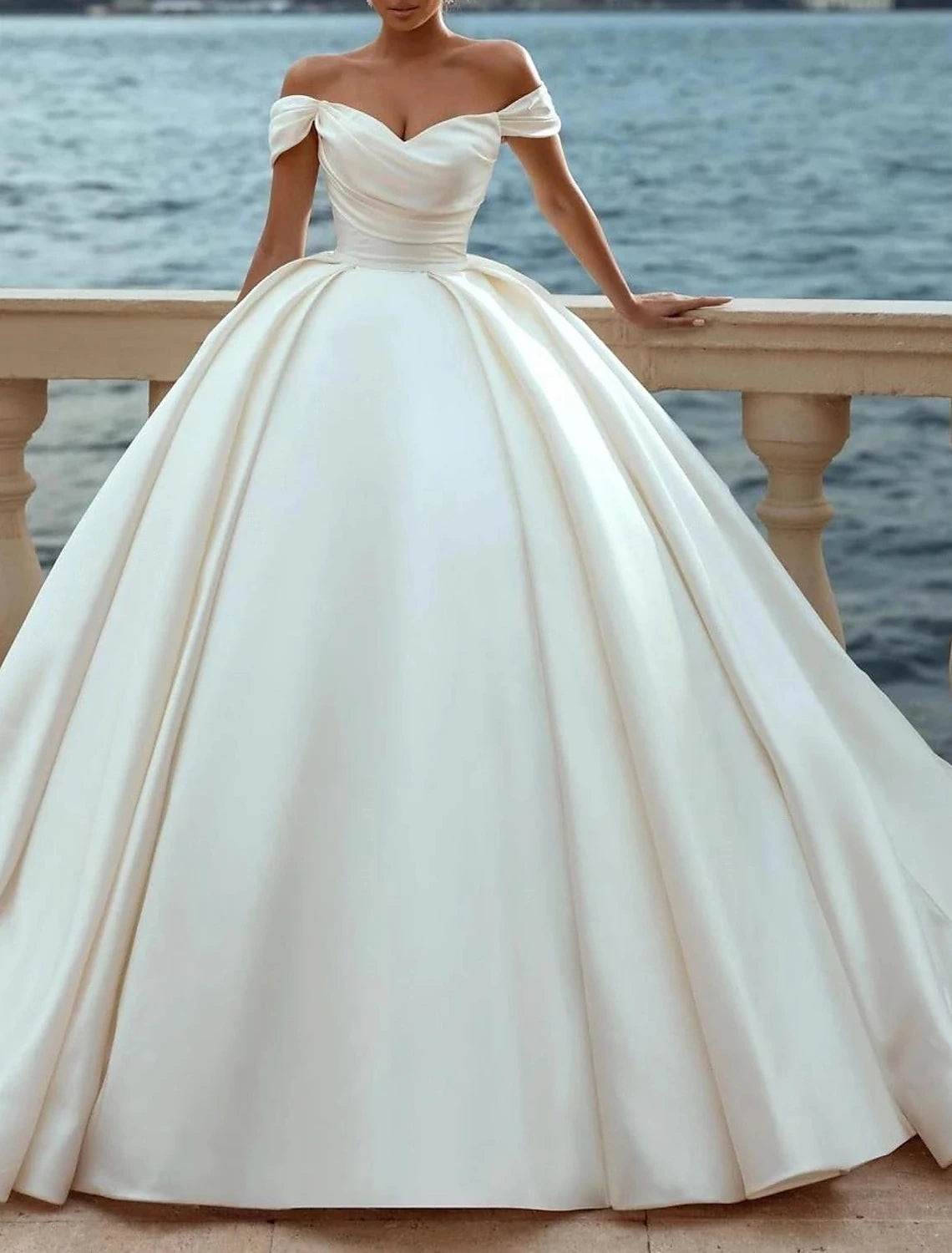 Engagement Formal Wedding Dresses Ball Gown Off Shoulder Cap Sleeve Court Train Satin Bridal Gowns With Ruched