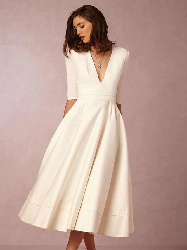 A-Line Special Occasion Dresses Party Dress Holiday Tea Length Half Sleeve V Neck Pocket Jersey