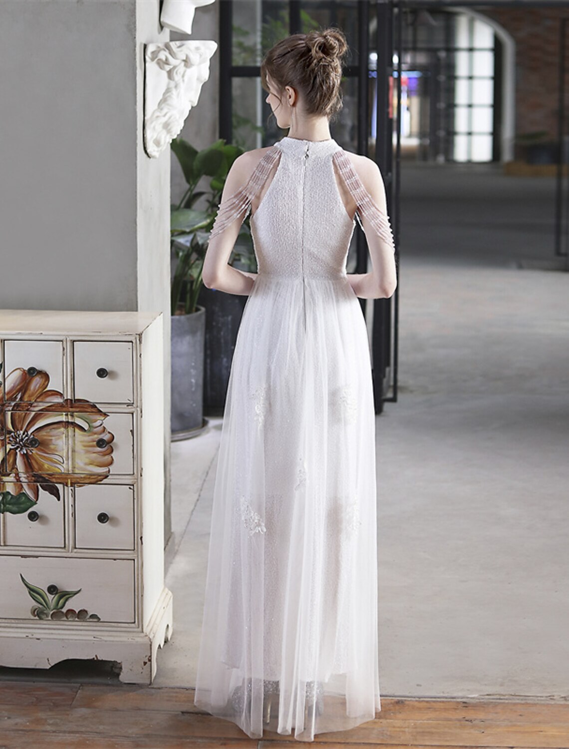 A-Line Prom Dresses Sparkle & Shine Dress Party Wear Floor Length Short Sleeve High Neck Polyester with Sequin