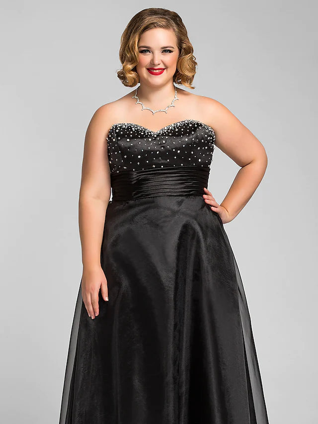 A-Line Little Black Dress Dress Prom Floor Length Sleeveless Sweetheart Organza with Ruched