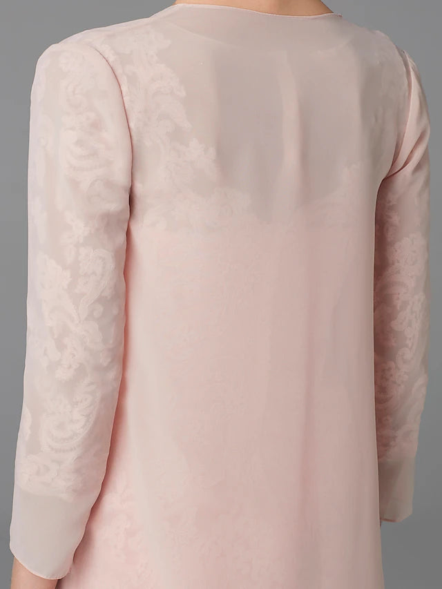 Two Piece Sheath / Column Mother of the Bride Dress Church Sparkle & Shine Jewel Neck Knee Length Chiffon Lace 3/4 Length Sleeve Jacket Dresses with Beading