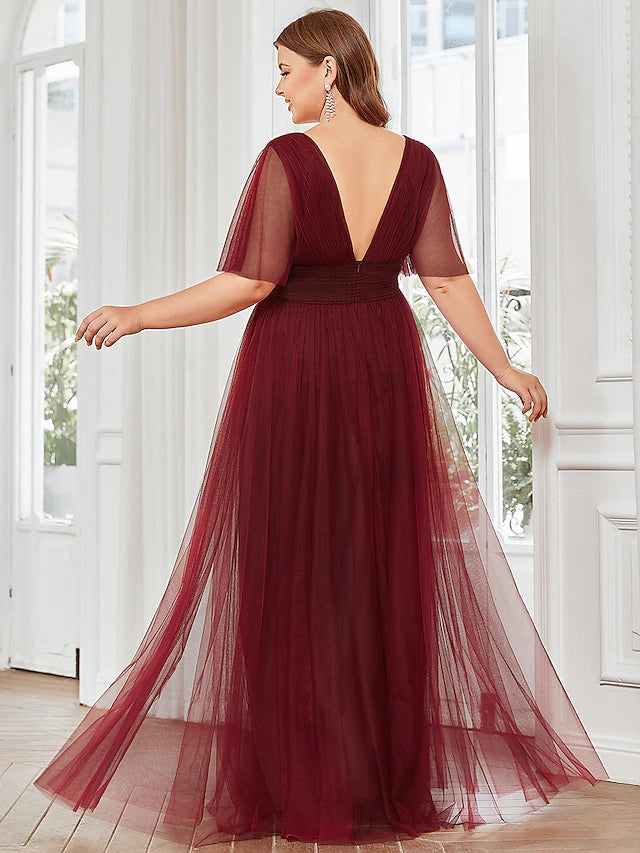 A-Line Bridesmaid Dress V Neck Short Sleeve Plus Size Floor Length Tulle with Ruffles / Draping
