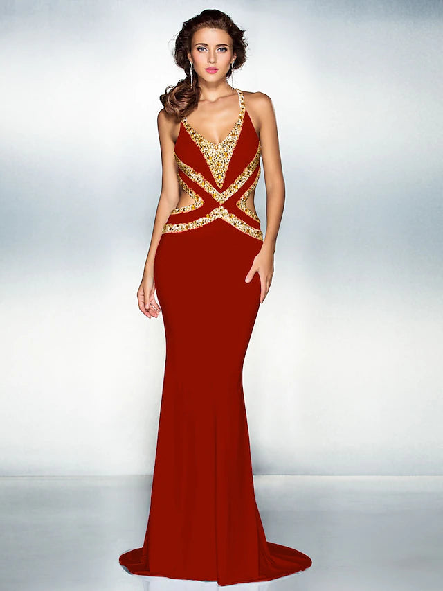 Mermaid / Trumpet Sparkle Dress Wedding Guest Sweep / Brush Train Sleeveless V Neck Jersey Crisscross Back