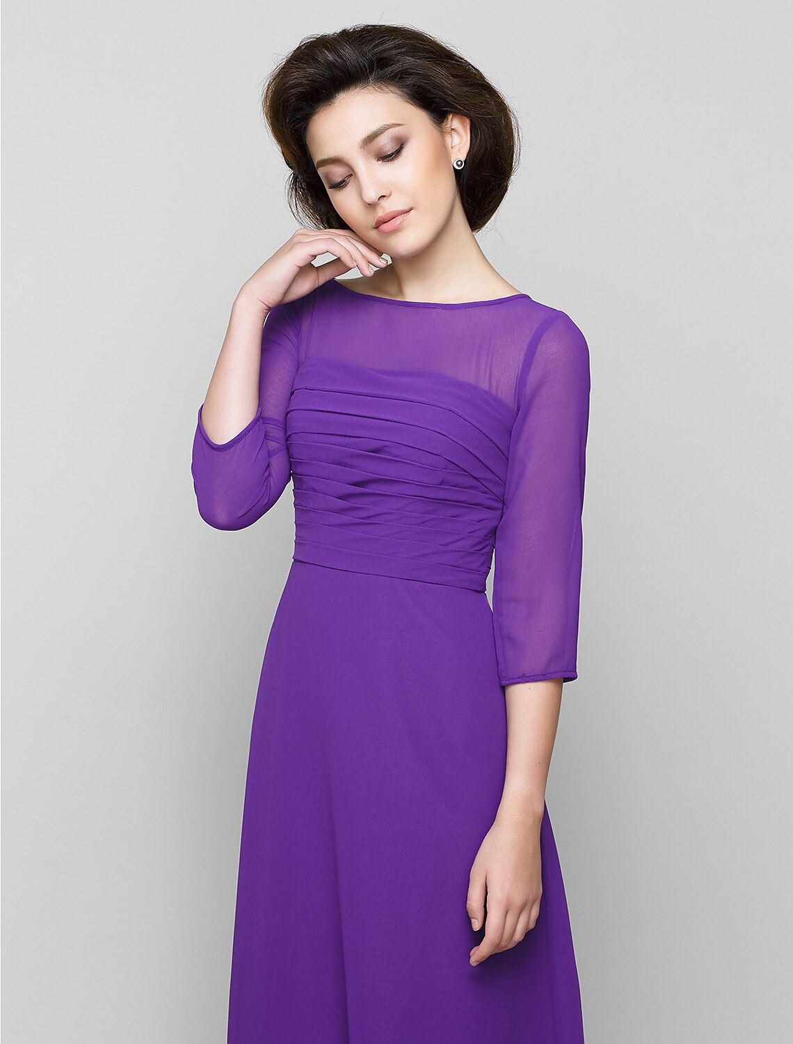 A-Line Mother of the Bride Dress Elegant Scoop Neck Ankle Length Chiffon 3/4 Length Sleeve