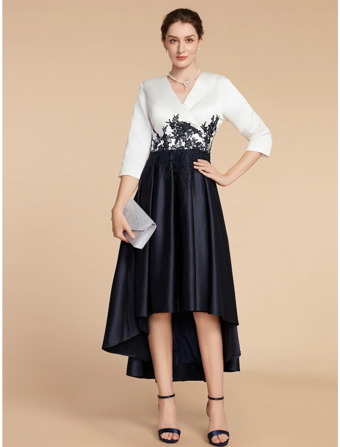 A-Line Mother of the Bride Dress Wedding Guest Elegant Petite V Neck Asymmetrical Satin Lace Half Sleeve