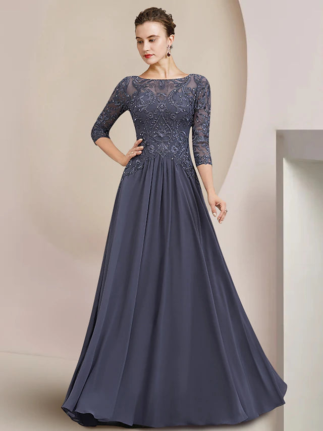 A-Line Mother of the Bride Dress Formal Elegant Scoop Neck Floor Length Tea Length Chiffon Lace Half Sleeve