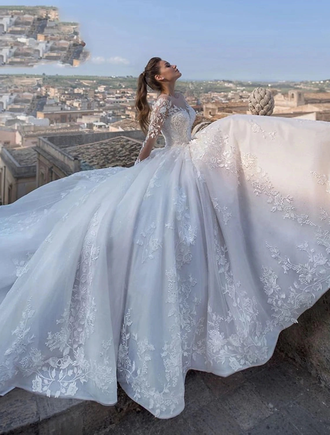 Engagement Sexy Fall Formal Wedding Dresses Ball Gown V Neck Long Sleeve Chapel Train Lace Bridal Gowns