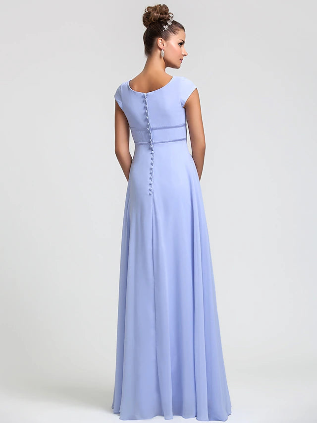 Sheath / Column Bridesmaid Dress Square Neck Short Sleeve Elegant Floor Length Chiffon with Sash / Ribbon