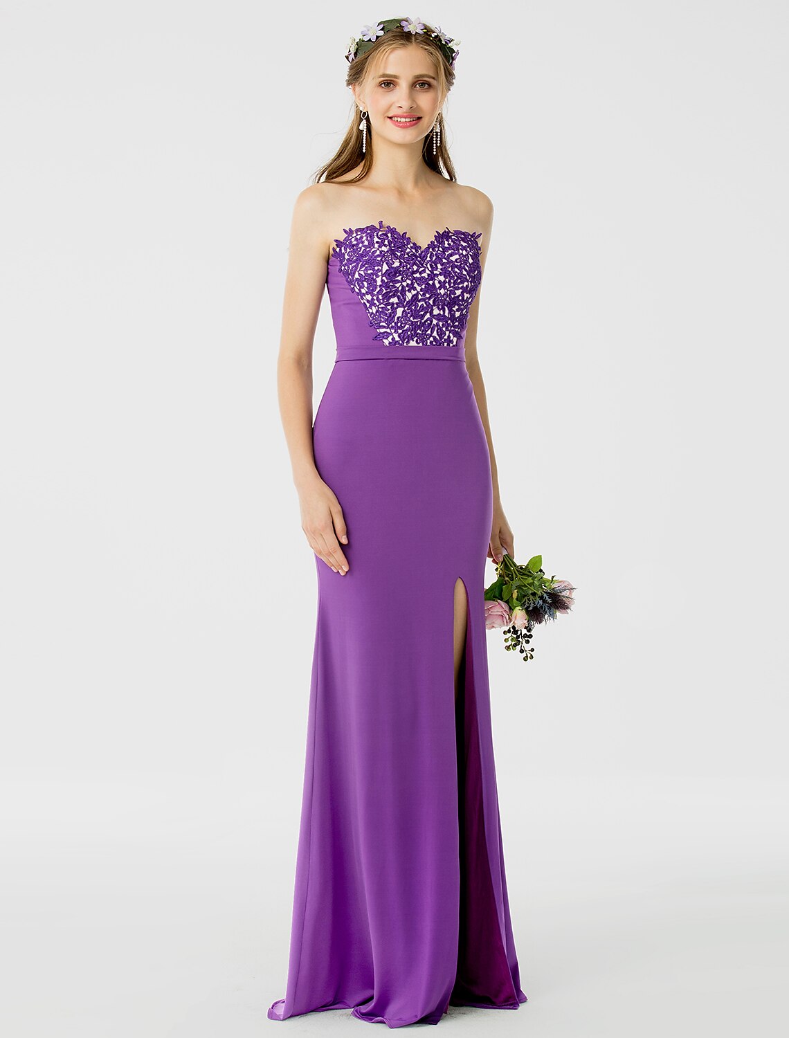 Sheath / Column Bridesmaid Dress Sweetheart Sleeveless Open Back Floor Length Jersey / Floral Lace with Sash / Ribbon / Appliques