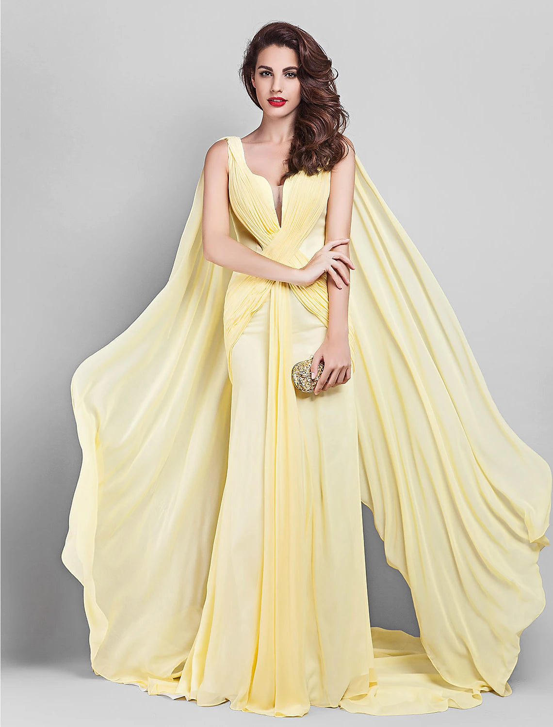 Sheath / Column Elegant Dress Wedding Guest Court Train Sleeveless Plunging Neck Georgette V Back with Criss Cross Side