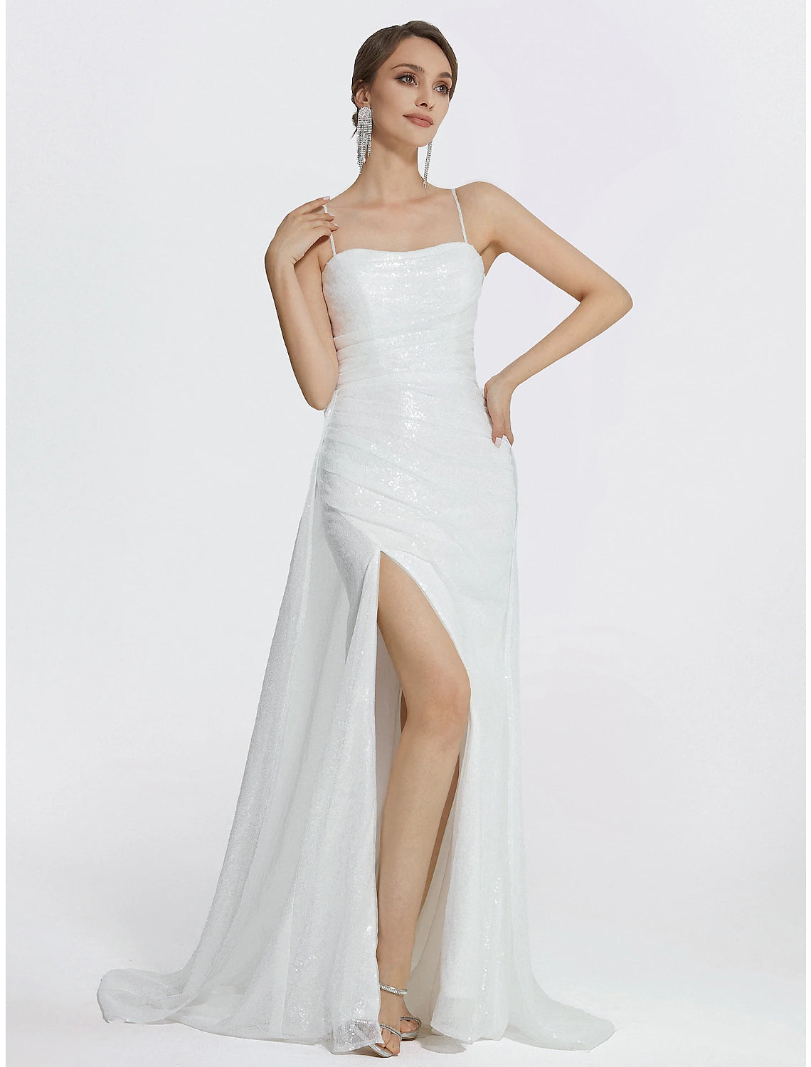 Mermaid / Trumpet Prom Dresses Sparkle Dress Wedding Floor Length Sleeveless Cowl Neck Sequined with Ruched