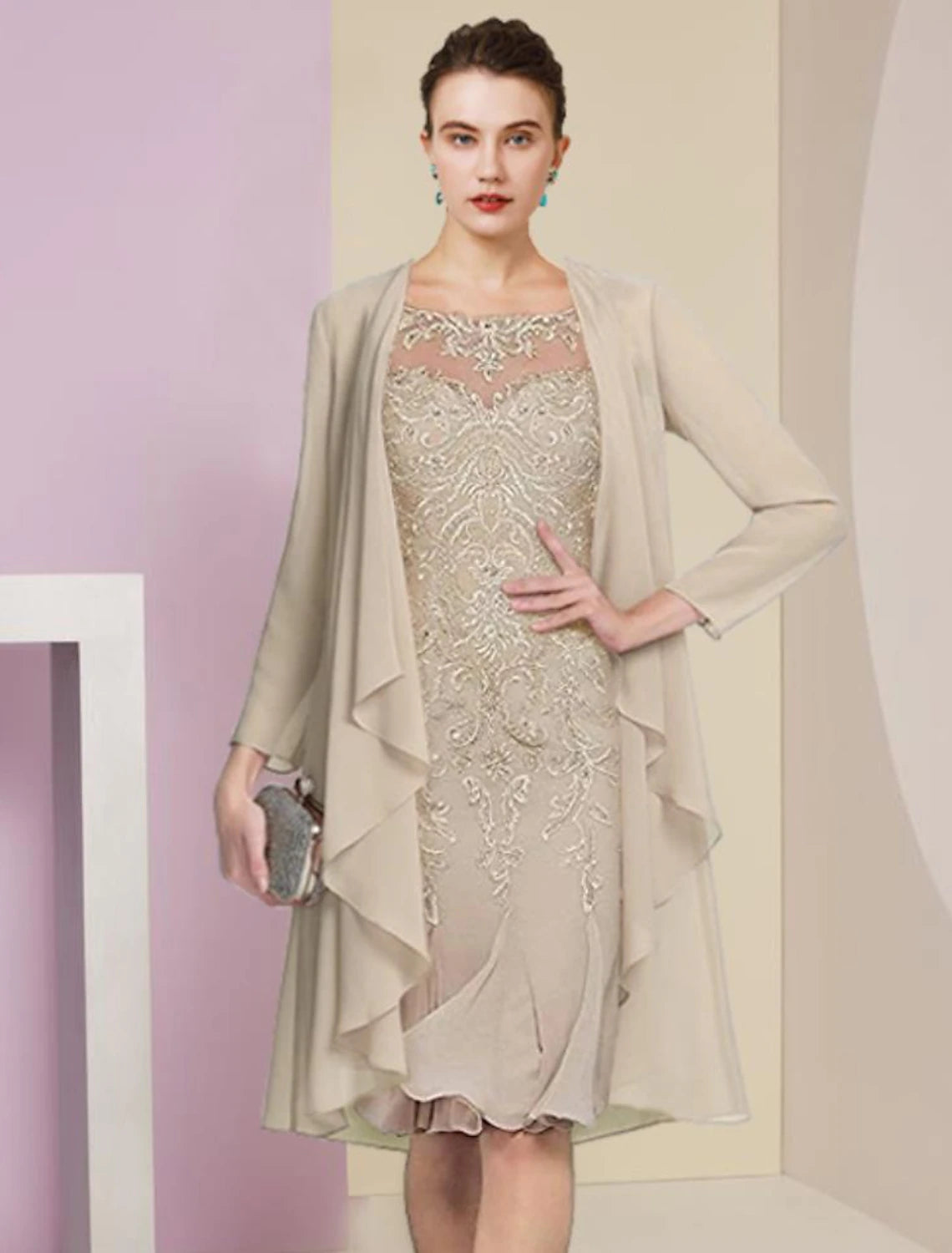 Two Piece Mermaid / Trumpet Mother of the Bride Dress Formal Wedding Guest Vintage Elegant Scoop Neck Knee Length Chiffon Lace Half Sleeve Jacket Dresses