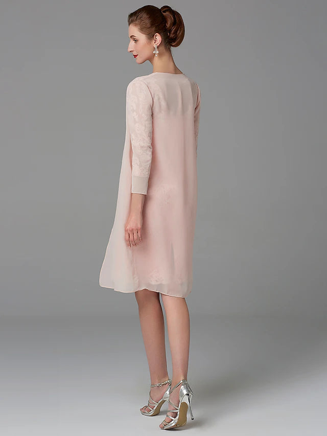 Two Piece Sheath / Column Mother of the Bride Dress Church Sparkle & Shine Jewel Neck Knee Length Chiffon Lace 3/4 Length Sleeve Jacket Dresses with Beading